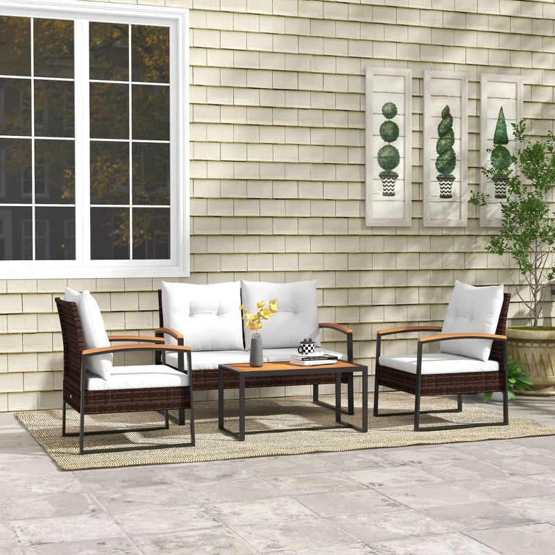 Outsunny 4 Piece Patio Furniture Set with Cushions, Sofa, Chair, Wood Coffee Table, White, 2 of 7
