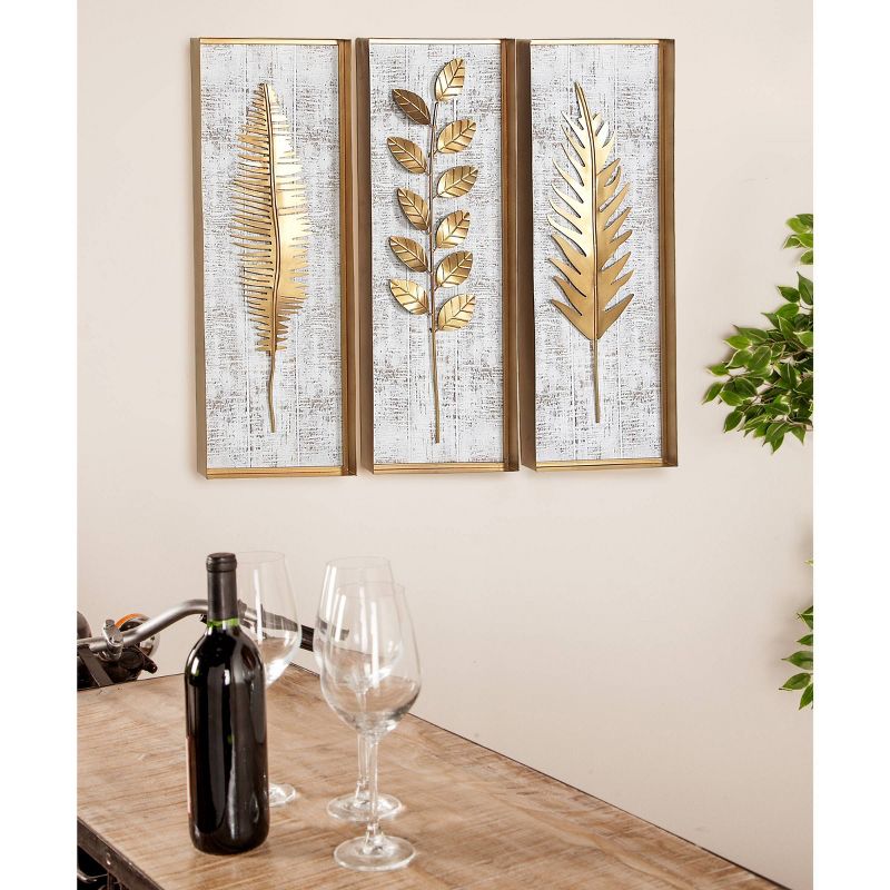 Metal Leaf Framed 3D Wall Decor with Distressed Wood Backing Set of 3 Gold - Olivia &#38; May, 3 of 26
