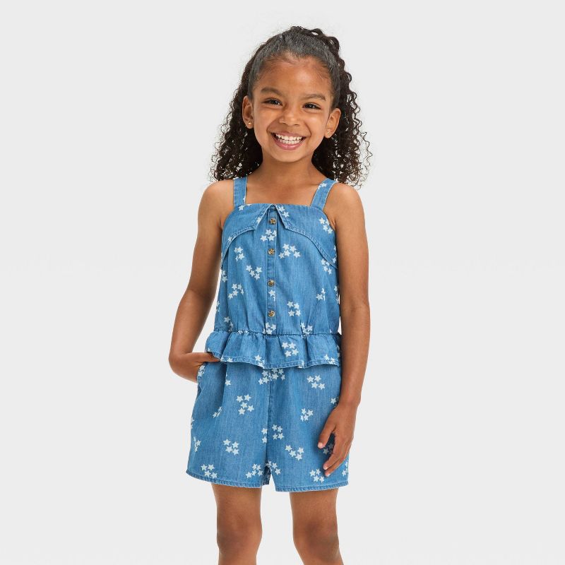 Toddler Girls' Star Denim Romper - Cat & Jack™ Blue, 1 of 5