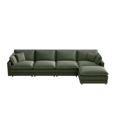 GDFStudio Yehudi Corduroy Upholstered Oversized  Deep Seat L Sofa with Solid Wood Legs, 4 Pillows and Ottoman