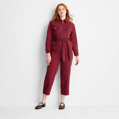 Women's Long Sleeve Washed Denim Button-Down Jumpsuit - Future Collective Burgundy
