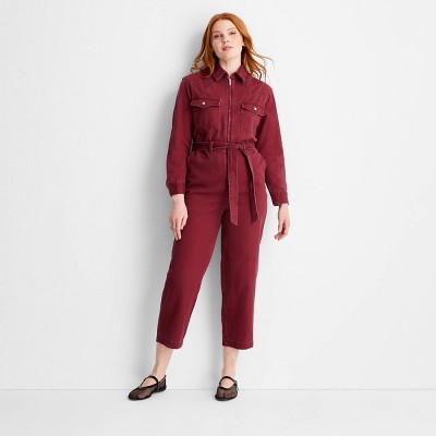 Women's Long Sleeve Washed Denim Button-Down Jumpsuit - Future Collective Burgundy M