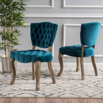 Coolbibila Wooden Dining Chairs Set Of 2,Vintage Tufted Button Velvet Fabric Dining Room Chairs With Rolled Legs And Antique Wood Finish