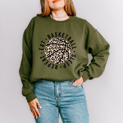 Simply Sage Market Women's Graphic Sweatshirt Eat Basketball Sleep Repeat Leopard Basketball