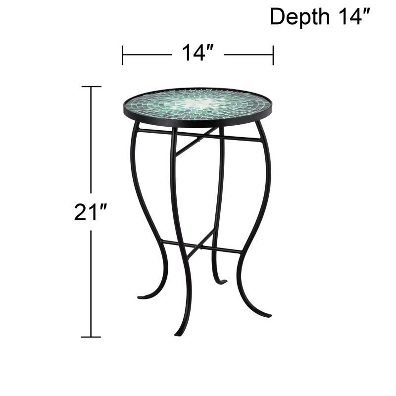 Teal Island Designs Modern Black Round Outdoor Accent Side Tables 14" Wide Set of 2 Green Mosaic Tabletop for Front Porch Patio Home House, 4 of 8