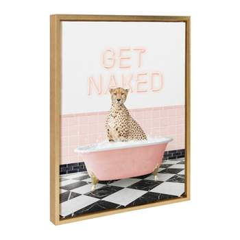 Kate & Laurel All Things Decor 18"x24" Sylvie Cheetah Get Naked in Retro Pink Bath Framed Wall Art by Amy Peterson Art Studio Bright Gold