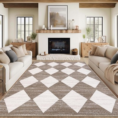 Machine Washable Checkered Rug - Non-Slip, Stain-Resistant, No-Shedding for Dining, Living Room, Bedroom - Easy Clean High Traffic Area Rug