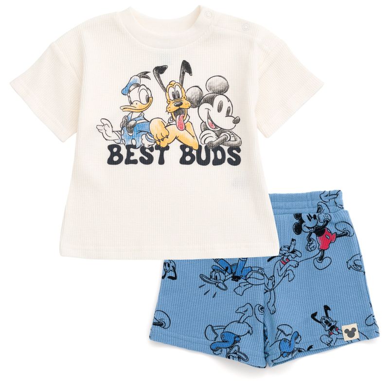 Disney Mickey Mouse Lion King Donald Duck Simba Pluto Baby Waffle knit T-Shirt Shorts Outfit Set Newborn to Infant, 1 of 8