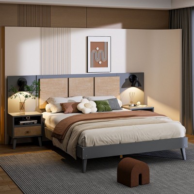 Queen Size Solid Wood Bed Frame With 2 Nightstands And Lamps,Bedroom Sets Queen,Bedroom Sets Furniture -Maison Boucle