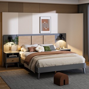 Queen Size Solid Wood Bed Frame With 2 Nightstands And Lamps,Bedroom Sets Queen,Bedroom Sets Furniture -Maison Boucle - 1 of 4