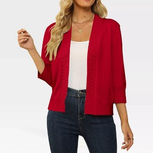 Women's Lightweight 3/4 Sleeve Cropped Cardigan Sweater Open Front Short Shrugs,Red - M - 1 of 4