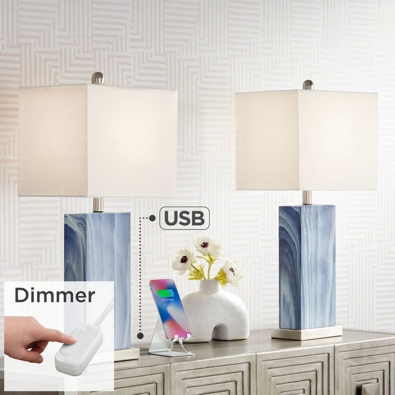 360 Lighting Connie Modern Table Lamps 25" High Set of 2 Blue Faux Marble with USB Charging Port Table Top Dimmers White Shade for Bedroom Office Desk, 2 of 10