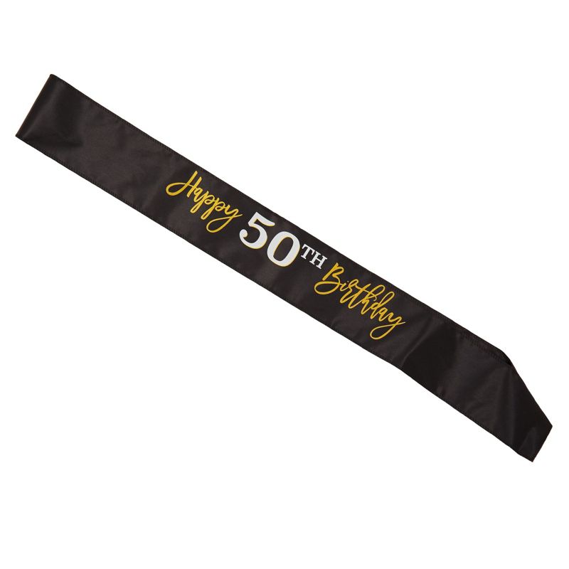 Sparkle and Bash 4 Piece 50th Birthday Party Supplies, Button Pin, Sash, Hat, Blower (Black, Gold), 4 of 8