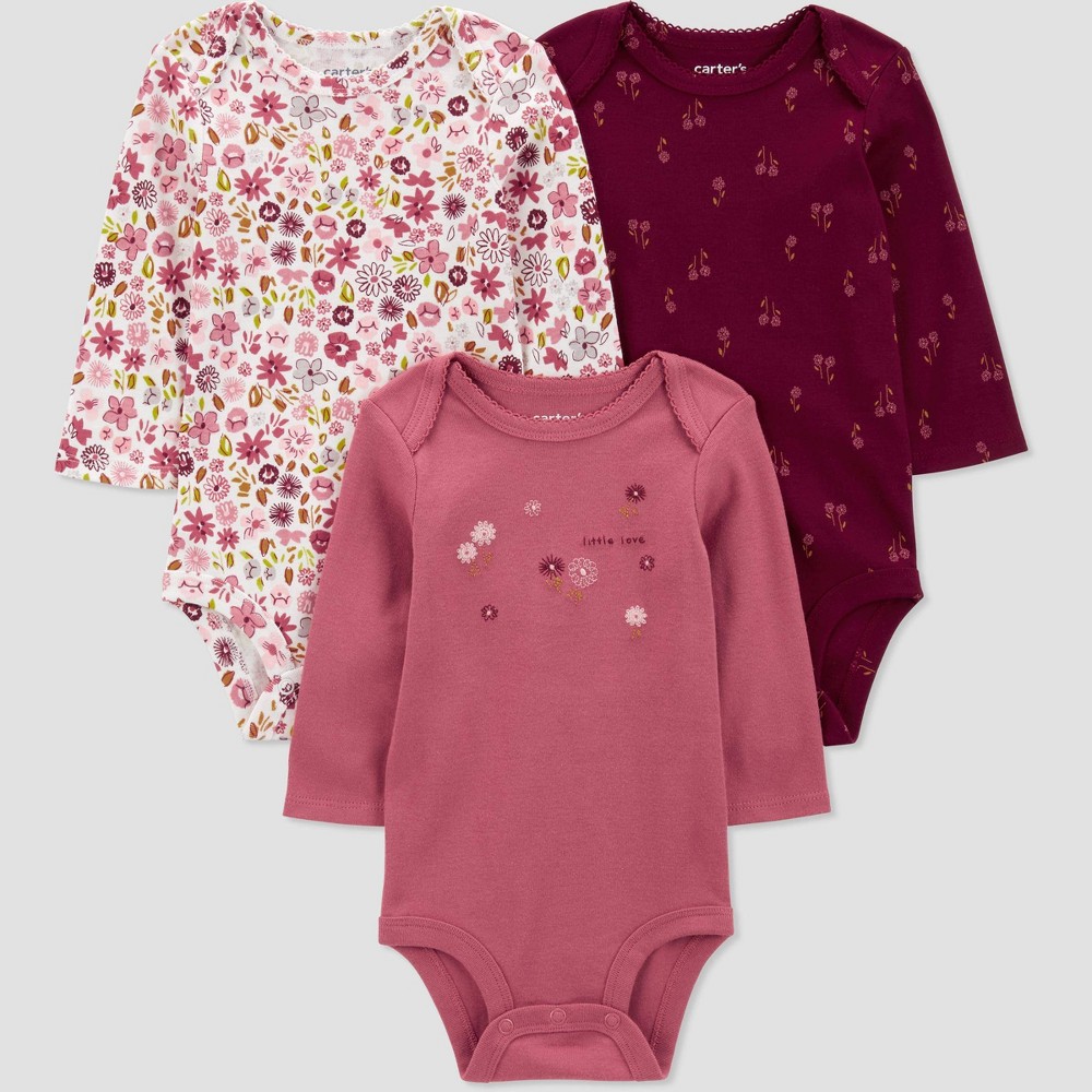 Carter's Just One You® Baby Girls' 3pk Long Sleeve Bodysuit - Dark Pink 18M -  90574747