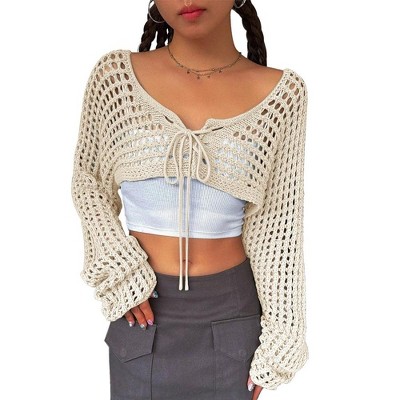 Womens Crochet Bolero Tie Front Sweater Extra Cropped Sweater Shrugs Womens Cardigan apricot M Target