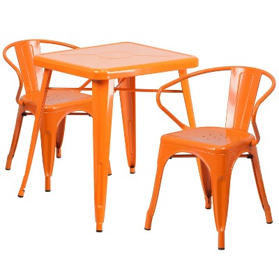 Emma and Oliver Commercial Grade 23.75" Square Metal Indoor-Outdoor Table Set with 2 Arm Chairs