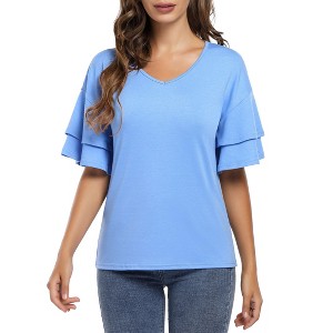 BLUEMING Womens Flutter Elbow Sleeve Shirts V Neck Tee Blouse Pagoda Sleeve T-Shirts Summer Tee Blouse Flowy Tops - 1 of 4