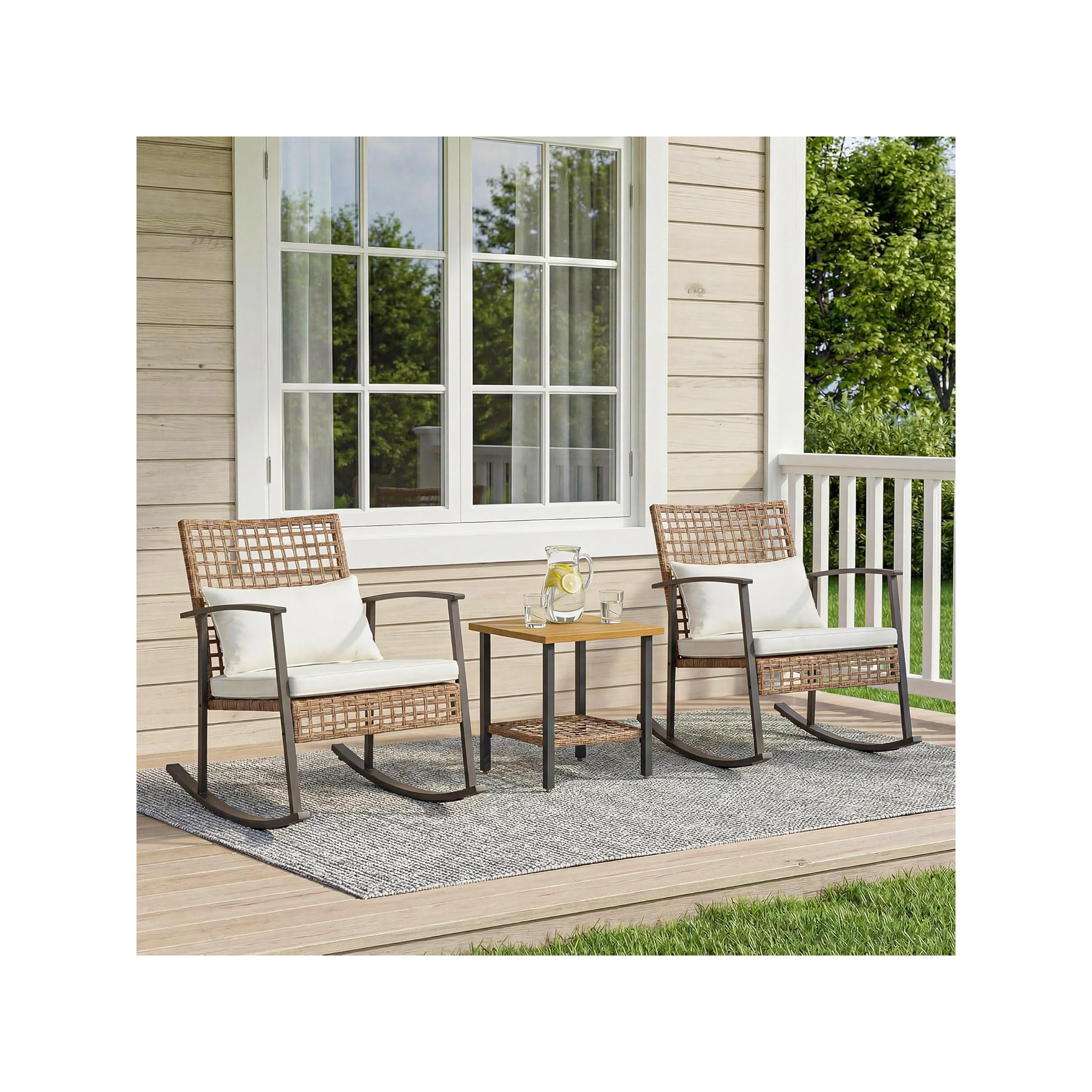 LAUSAINT HOME 3 Pieces Rocking Patio Bistro Set, Wicker Outdoor Conversation Set with Cushions and Coffee Table for Backyard, Poolside, Porch, Balcony