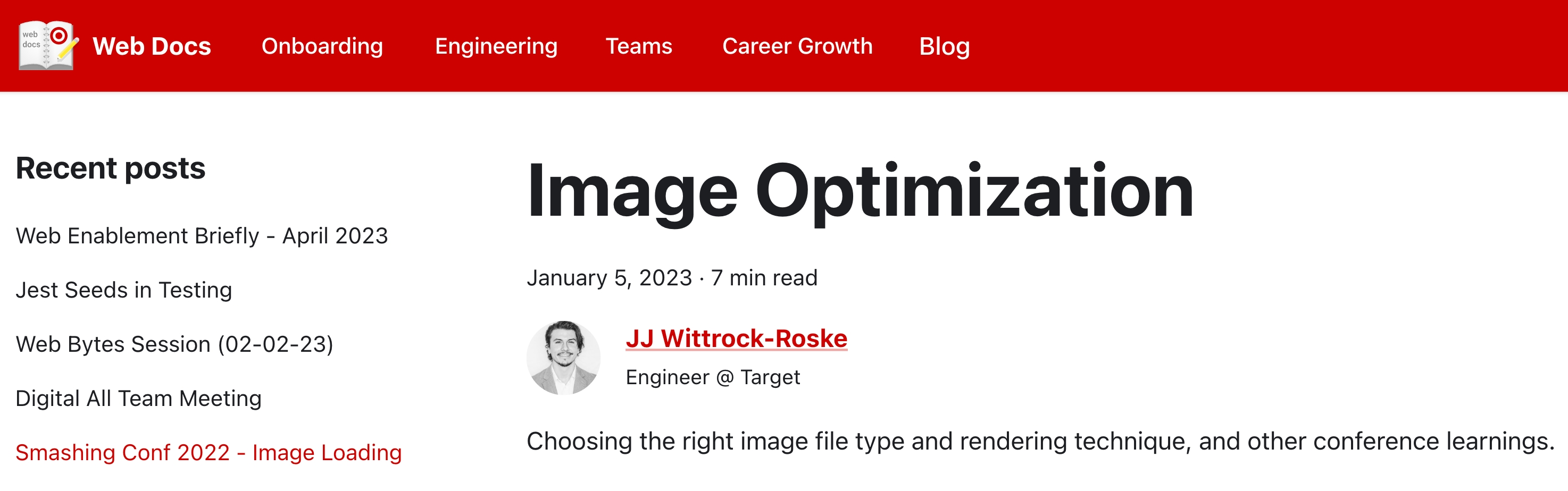 screenshot from Docusaurus that shows a post titled "Image Optimization" dated January 5, 2023 written by JJ Wittrock-Roske