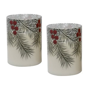 Lumabase 2ct Battery Operated LED Glass Candles with Moving Flame Green Pines - 1 of 4