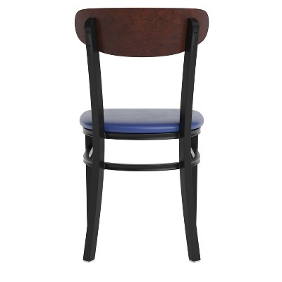 Modern Walnut Wood and Blue Vinyl Upholstered Dining Chair