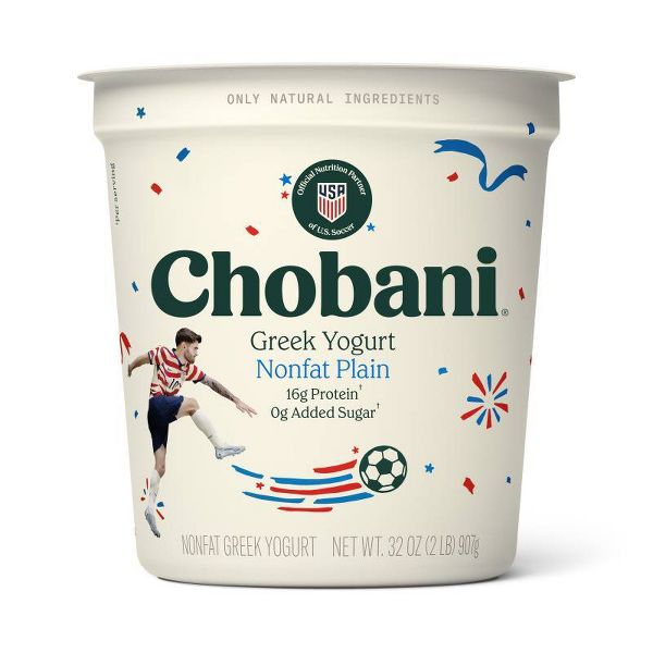 Chobani Non-Fat Plain Greek Yogurt 32oz container, 15g protein per serving, 90 calories