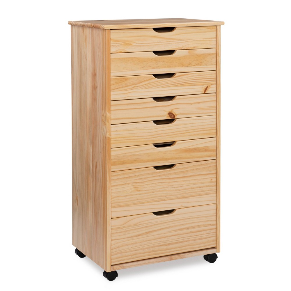Linon Cary Transitional 8 Drawer Solid Wood Contoured Handle Cut Out Rolling Storage Cart Natural: Pine Frame, Farmhouse Style