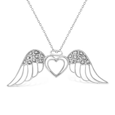 Haus of Brilliance Silver Pave-Set Diamond Accent Angel Wing Double Heart Pendant Necklace