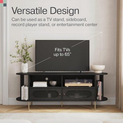 Black Rattan TV Stand with Cabinet and Open Shelves, 63"