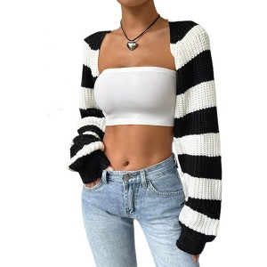Women's Color Block Striped Bolero Shrug Sweater Long Sleeve Open Front Crop Cardigan Top White Black M - 1 of 4