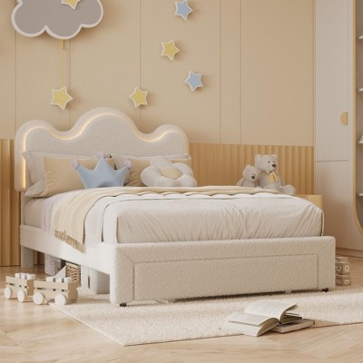 Homhougo Full Bed Frames Lamb Velvet Twin Beds Cute Platform Bed Frame for Girls, Boys,Sturdy Platform Bed White