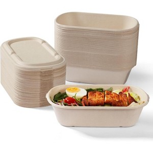 50-Pack 34oz Biodegradable Sugarcane Pulp Food Containers with Lids - 1 of 4