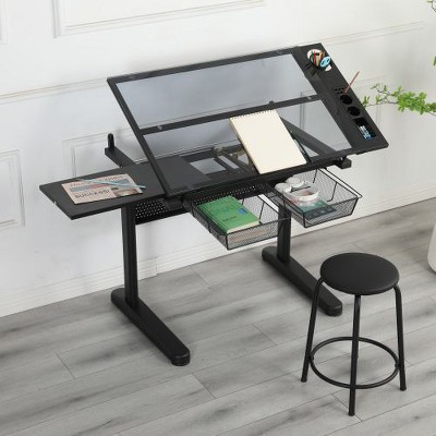 CENGHU Tempered Glass Adjustable Standing Desk with Tiltable Desktop, Home Office Desk with Shelf & Stool, Writing Desks, Drawing Drafting Desk