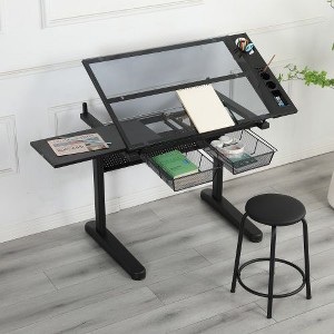 CENGHU Tempered Glass Adjustable Standing Desk with Tiltable Desktop, Home Office Desk with Shelf & Stool, Writing Desks, Drawing Drafting Desk - 1 of 4