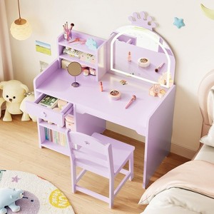 Kids Vanity Table and Chair Set with Mirror , Makeup Vanity Desk with Drawer and Open Storage Shelves, for Little Girls - 1 of 4