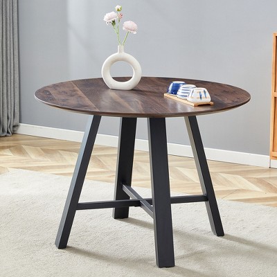 VYNXARIA Modern minimalist round dining table and coffee table. 42 Inch Diameter MDF Table Top, Deep Wood Grain Table Top, Black Metal Legs