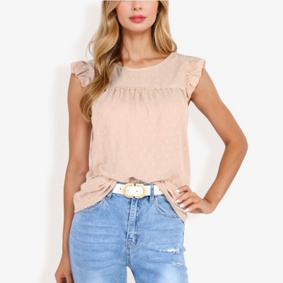 Anna-Kaci Women's Sleeveless Swiss Dot Ruffle Blouse With Pintuck Detail