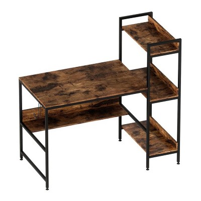 Bestier Computer Office Desk w/ Steel Frame, Reversible Book Shelves, Headphone Hook, Adjustable Feet, & Under Desk Storage, Rustic Brown