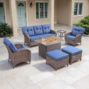 Belord Outdoor All Weather Wicker Patio Furniture Set, 7 Pieces Brown Wicker Patio Furniture Sofa Set with Propane Firepit Table - 1 of 4