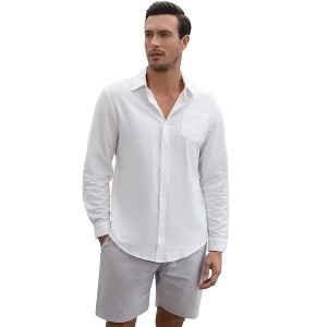 Coolmee Men's Matching Set 2 Piece Outfits Fashion Button Down Long Sleeve Shirts and Shorts Work Vacation Outfits - 1 of 3