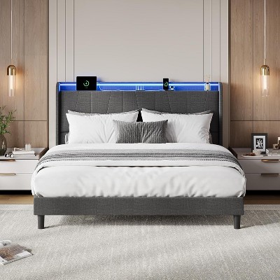 Bed Frame with LED Lights and Charging Station, Fabric Upholstered Platform Full Bed Frame with Headboard, No Box Spring Needed, Gray
