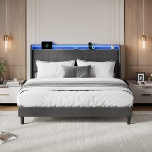 Bed Frame with LED Lights and Charging Station, Fabric Upholstered Platform Full Bed Frame with Headboard, No Box Spring Needed, Gray - 1 of 4