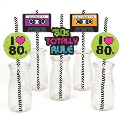 Big Dot of Happiness 80's Retro - Paper Straw Decor - Totally 1980s Party Striped Decorative Straws - Set of 24