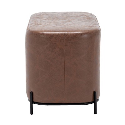 Distressed Brown Faux Leather Upholstered Bench with Black Metal Base