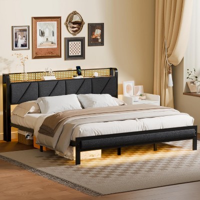 Furnulem King Bed Frame with Headboard and LED Light Upholstered Platform with Power Outlet and USB Port Bed with Metal Support and Footboard