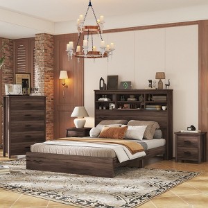 NicBex Queen Vintage Wood Platform Bed Frame with Storage Headboard and Charging Station,No Box Spring Needed,White/Walnut/Gray - 1 of 4