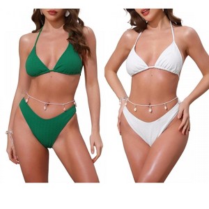 INSPIRE CHIC Women's Waffle Knit Halter Top Triangle Bottom with Seashell Waist Rope Bikini Suits 2 Sets - 1 of 4