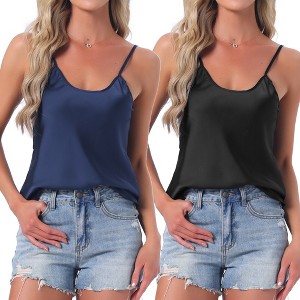 INSPIRE CHIC Women's 2 Pcs Satin Camisole Silky Pajama Tank Tops V Neck Soft Spaghetti Strap Loose Basic Sleepwear - 1 of 4