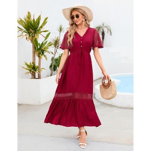 Coolmee Women's Short Sleeve Maxi Dress V Neck High Waist Lace Dress Casual Flowy A Line Beach Dress - 1 of 4