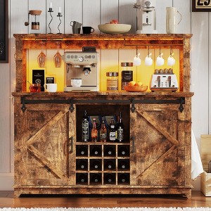 55" Farmhouse Coffee Bar Cabinet with Power Outlet & LED Light - Sliding Barn Door Buffet Cabinet, Removable 12-Bottle Wine Rack - 1 of 4